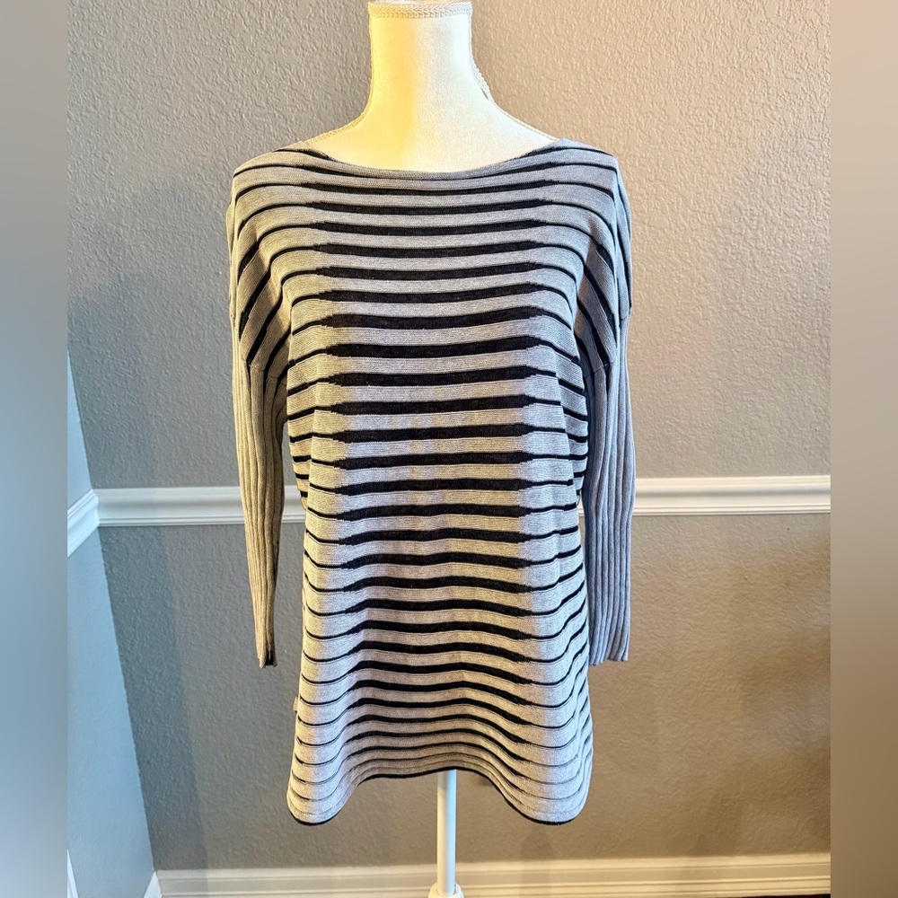 Lafayette 148 NY Black Gray Striped Boatneck Dolman Ribbed Knit Tunic Sweater M